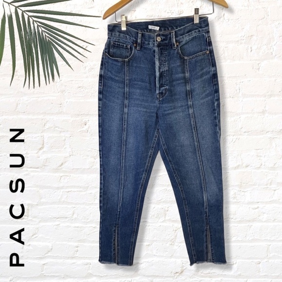Pacsun Ultra High Rise Slim Button Fly Jeans Size 27 Slit Raw Hem Medium Wash - Picture 1 of 12